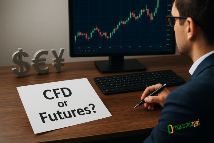 CFD o futures trader davanti a grafici e loghi delle valute