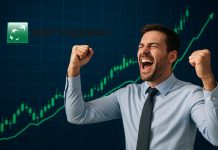 trader che esulta e grafico al rialzo