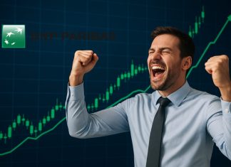 trader che esulta e grafico al rialzo