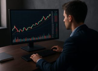 trader davanti a desktop