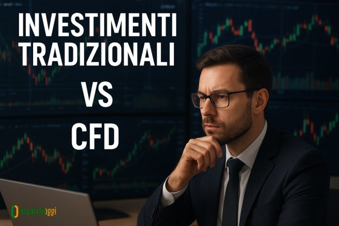 investimenti tradizionali o CFD trader che analizza e la scritta "investimenti tradizionali vs cfd"