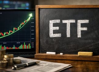 grafico bullish e scritta ETF su lavagna