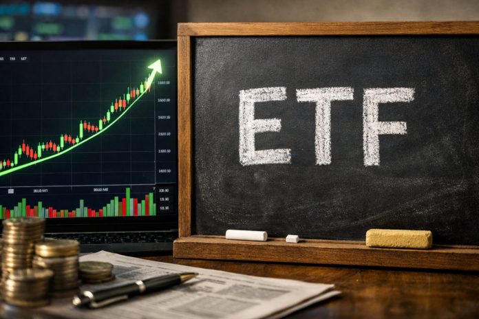 grafico bullish e scritta ETF su lavagna