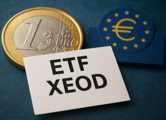 Moneta da 1 euro, simbolo BCE e cartello con scritto ETF XEOD