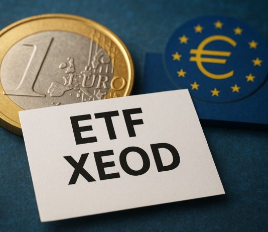 Moneta da 1 euro, simbolo BCE e cartello con scritto ETF XEOD