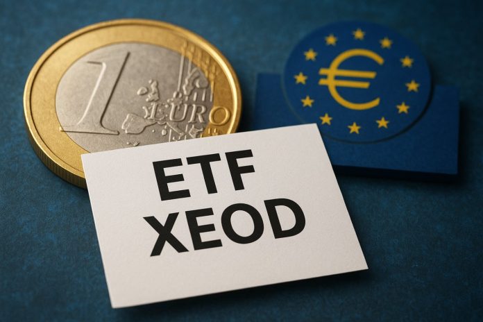 Moneta da 1 euro, simbolo BCE e cartello con scritto ETF XEOD