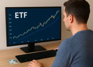 trader davanti a desktop con 20 euro sul tavolo