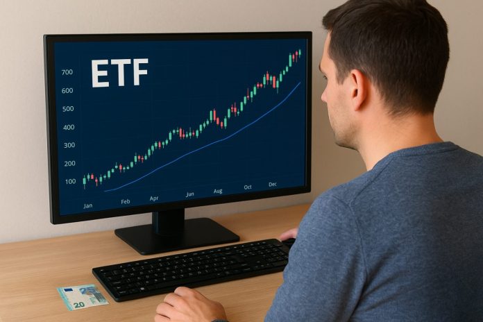 trader davanti a desktop con 20 euro sul tavolo