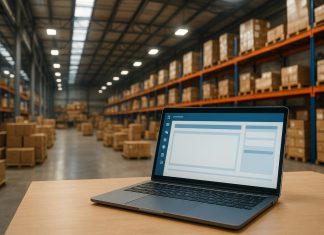 magazzino e laptop con software sul tavolo