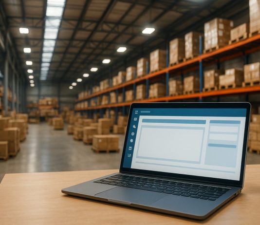 magazzino e laptop con software sul tavolo