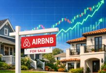 case con cartello Airbnb e grafico di borsa al rialzo