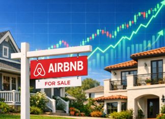 case con cartello Airbnb e grafico di borsa al rialzo