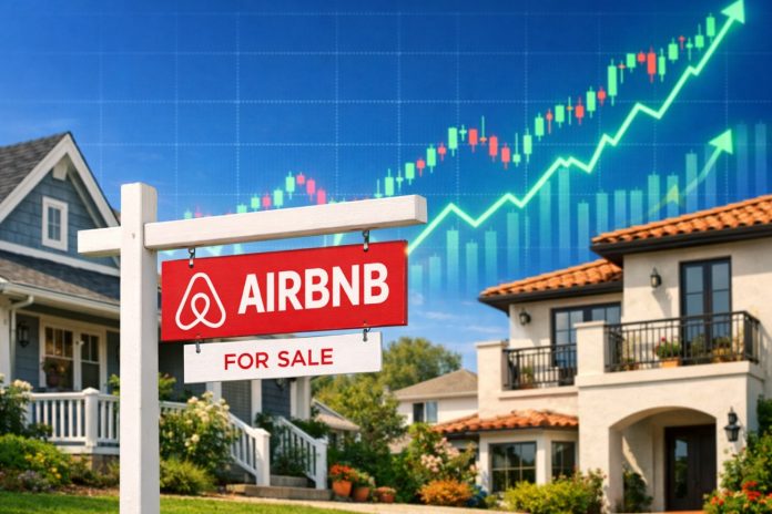 titolo Airbnb case con cartello Airbnb e grafico di borsa al rialzo