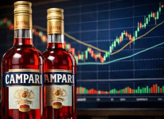 bottiglie di Campari e grafico di borsa