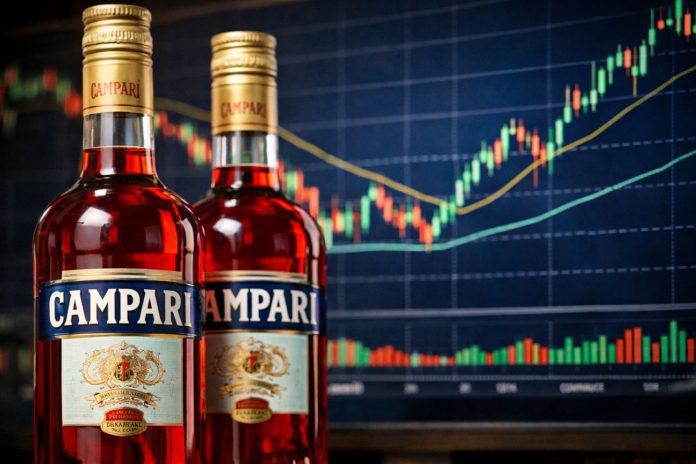 bottiglie di Campari e grafico di borsa