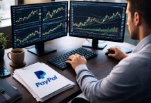 Azioni PayPal: -37% nel 2025, è il momento di comprare? trader che analizza grafici e logo Paypal su fogli