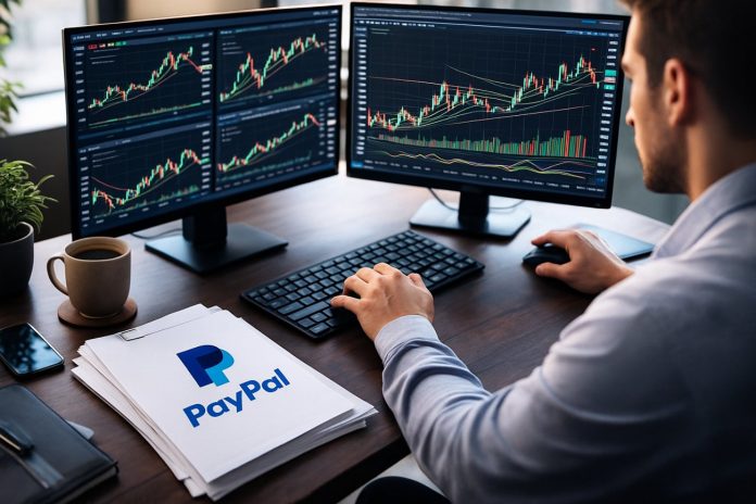 trader che analizza grafici e logo Paypal su fogli