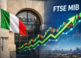 ingresso borsa di Milano e bandiera Italia