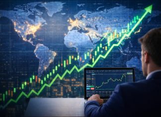 mappa del mondo e trader con laptop con grafico a candele