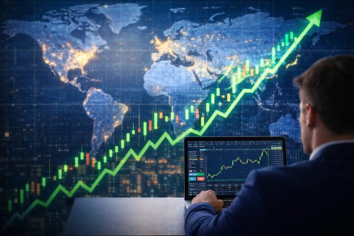 mappa del mondo e trader con laptop con grafico a candele