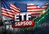 ETF S&P 500: guida completa per investire sull’indice Usa nel 2026 insegna Wall Street, grafico a candele, bandiera e mappa Usa