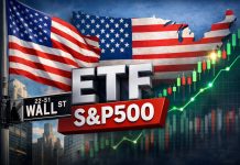 insegna Wall Street, grafico a candele, bandiera e mappa Usa