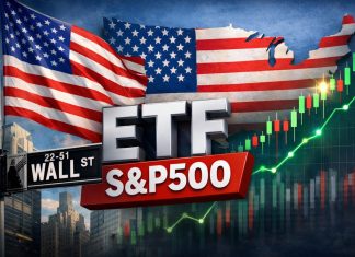 insegna Wall Street, grafico a candele, bandiera e mappa Usa