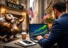 trader che analizza grafico su laptop e toro di Wall Street sullo sfondo