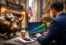 trader che analizza grafico su laptop e toro di Wall Street sullo sfondo