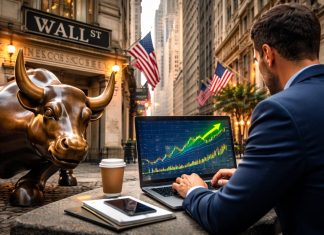 trader che analizza grafico su laptop e toro di Wall Street sullo sfondo