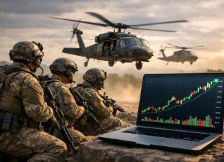 soldati e laptop con grafico di borsa