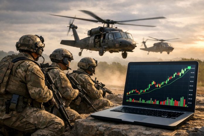 soldati e laptop con grafico di borsa