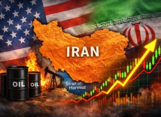 mappa Usa e Iran con barili di petrolio