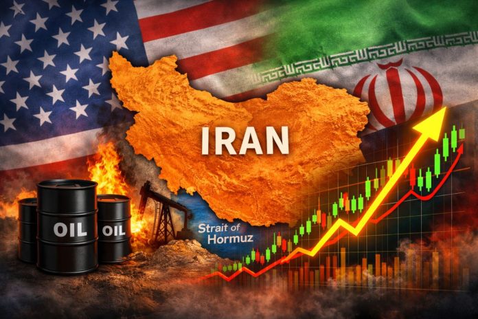 guerra Usa Iran mappa Usa e Iran con barili di petrolio