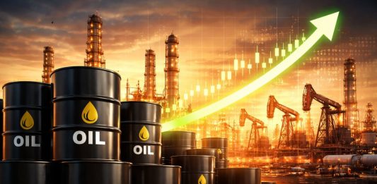 barili di petrolio e grafico al rialzo