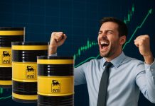 trader felice e barili petrolio con logo Eni