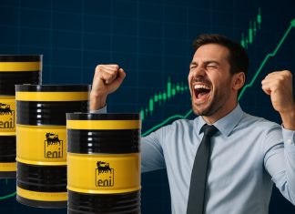trader felice e barili petrolio con logo Eni