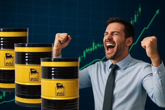 trader felice e barili petrolio con logo Eni