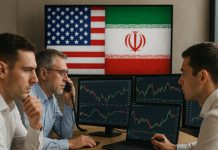 trader che analizzano e sullo sfondo bandiera Usa e Iran