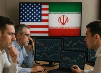 trader che analizzano e sullo sfondo bandiera Usa e Iran