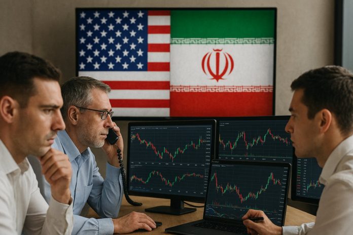 trader che analizzano e sullo sfondo bandiera Usa e Iran