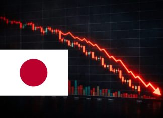 grafico in forte ribasso e bandiera del Giappone