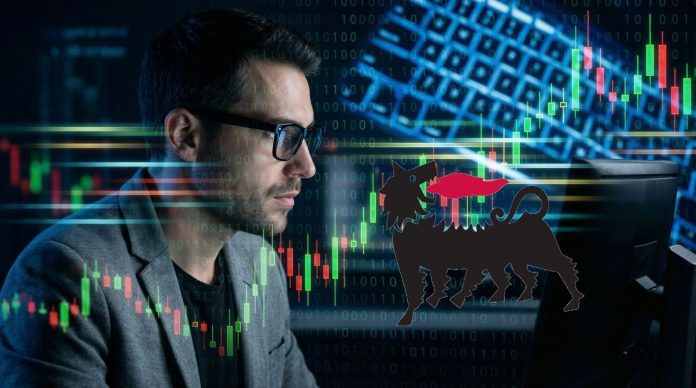 trader che analizza e logo Eni