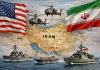cartina Iran con navi militari er bandiera Usa e Iran