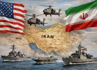 cartina Iran con navi militari er bandiera Usa e Iran