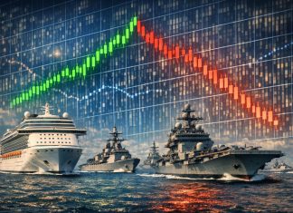 navi militari, navi da crociera e grafico di borsa sullo sfondo