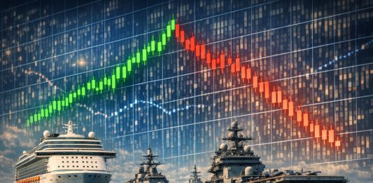 navi militari, navi da crociera e grafico di borsa sullo sfondo