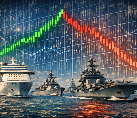 navi militari, navi da crociera e grafico di borsa sullo sfondo