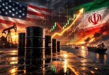 Conviene ancora investire sul petrolio con la guerra in Iran o è già tardi? barili petrolio, bandiera Usa e Iran e grafico al rialzo