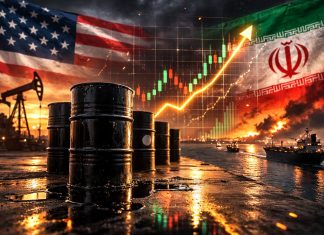 barili petrolio, bandiera Usa e Iran e grafico al rialzo